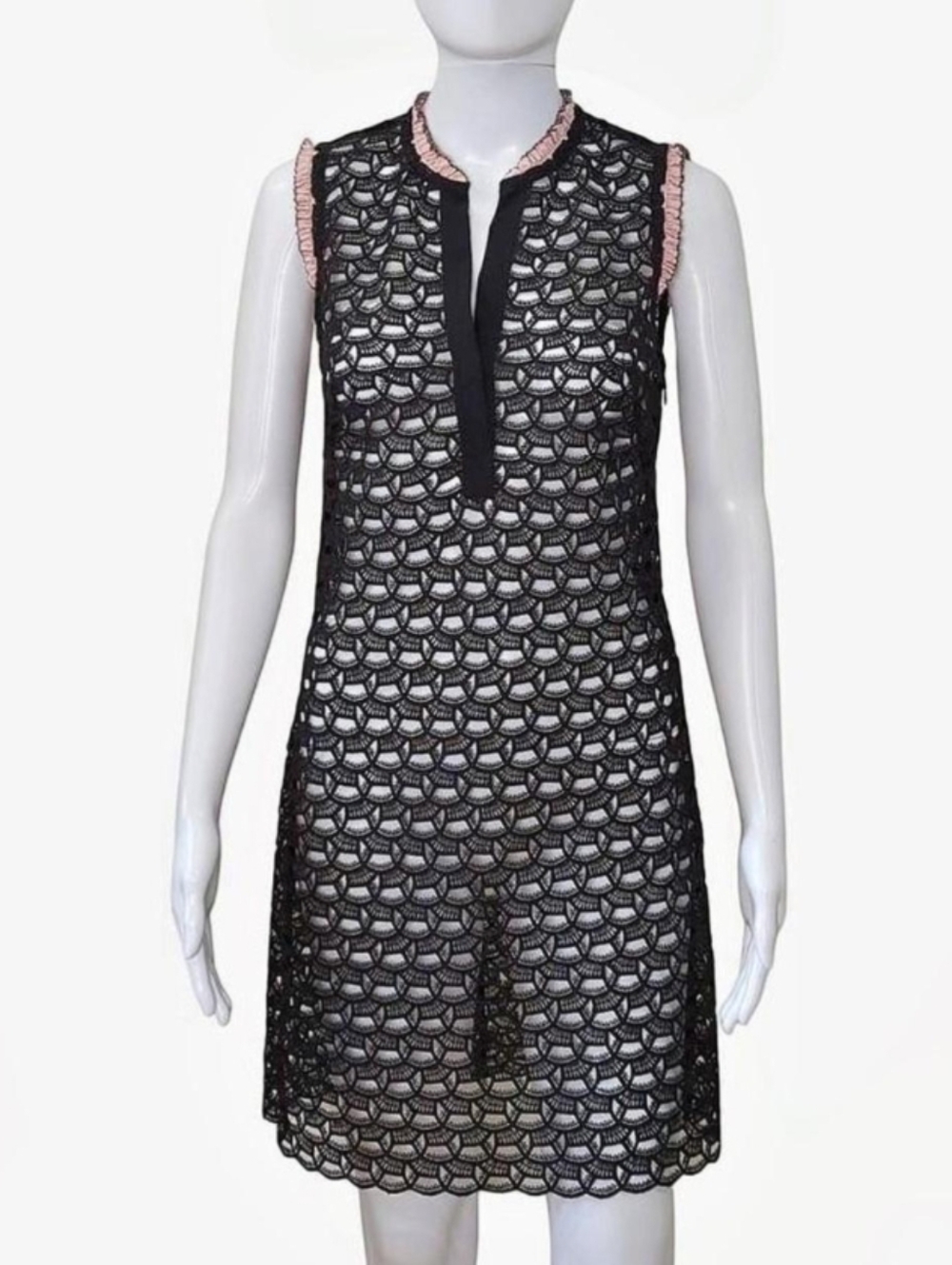 Sandro Paris Black Eyelet lace dress with pink trim size 36